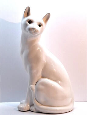 Large 16" Vintage Italian White Porcelain Cat Statue - Realistic Glass Eyes MCM
